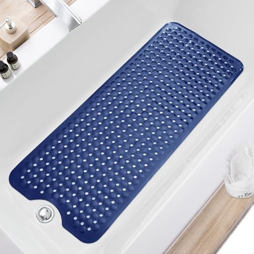 TEESHLY Bath Tub and Shower Mats, Non Slip 40 x 16 Inch Extra Large Bathtub Mat, Machine Washable Bathmat with Drain Holes, Suction Cups for Bathroom Floor (Navy Blue)