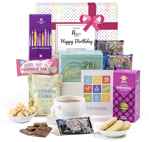 Hattie’s Gifts Afternoon Tea Birthday Hamper for Women | English Victorian Tea Gift Set with Milk Chocolate, Biscuits, Meringue Bar, Popcorn & Birthday Card