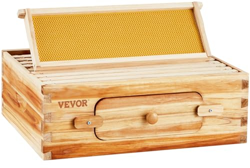 VEVOR Bienenstock-Starterset, mittlere Box, 100% mit Bienenwachs beschichtetes Tannenholz, Langstroth-Bienenstock-Set mit 10 Rahmen und Mittelwänden, transparente Bienenfenster aus Acryl