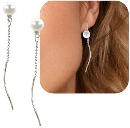 Silber 925 Perle Hängend Ohrringe, WGXIA Lang Quasten Einfädler Ohrringe Perlen Anhänger Ohrhänger Schmuck Geschenke für Damen Mädchen