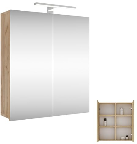 Planetmöbel Merkur Spiegelschrank Bad mit Beleuchtung 60 cm | breit, Badschrank hängend mit Badspiegel, Chrom LED Beleuchtung, Gold Eiche