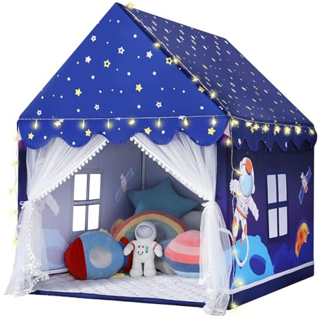Wilwolfer Space Kids Tent Indoor: with Mat, Star Lights - Kids Play Tent Space Toys - Bedroom Decorations Astronaut Toys Rocket Ship (Blue)