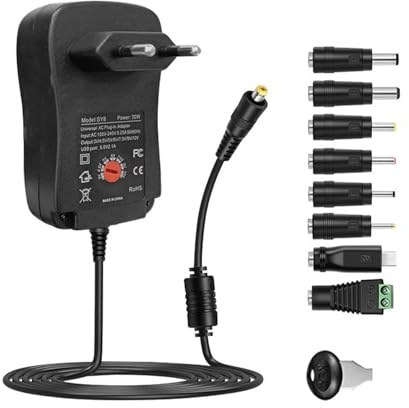 Alimentatore universale regolabile, 3 V-12 V, 1 A, 12 W, 8 adattatori