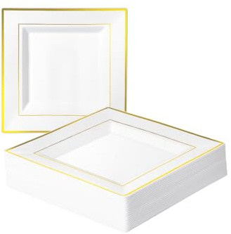 MATANA 40 Premium Square White Plastic Dessert Plates with Gold Rim, 16.5cm / 6.5 Inch - Reusable Small Side Plates, Starter Plates for Weddings, Birthdays, Picnic, BBQ, Parties