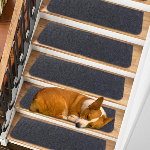 LOLYSIC 15 Pack Carpet Stair Treads, 22x70cm Anti Slip Stair Carpet Treads Self Adhesive Stair Carpet Runner Pads Steps Protector Mat for Kids Elders Pets, Dark Grey