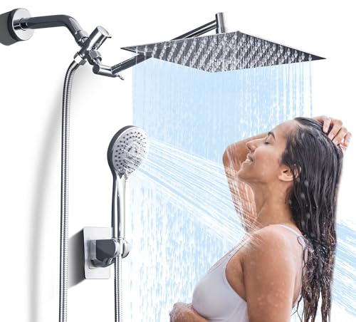 Jafeton High Pressure Rainfall Shower Head with Handheld Spray Combo – 5 Spray Modes, 10 Rain Shower, Anti-Clog Nozzles, Rust-Resistant Chrome Plating & Brass, Flexible Extension Arm