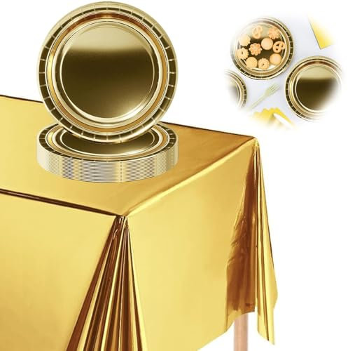 Lot de 16 assiettes en carton dorées, assiettes jetables, en papier doré, 17,8 cm, pour mariage, jardin, anniversaire, mariage, anniversaire