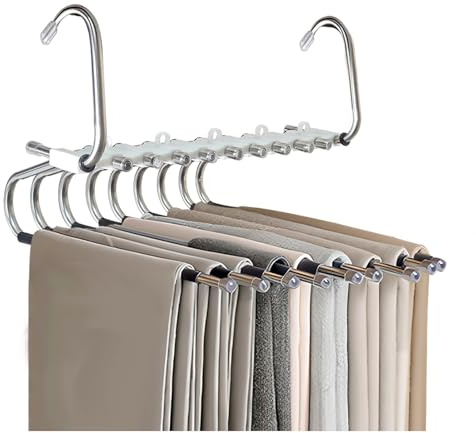 Roucerlin 9 Layer Non-Slip Pants Hangers Space Saving with 2 Hanging Modes, Multifunctional Trouser Jean Hangers Organizer Space Saver, Sturdy Metal Pants Rack for Closet Organization Clothes Skirts