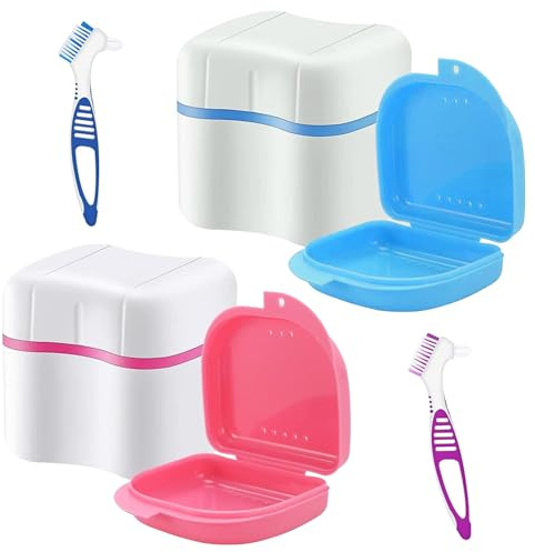 2 Pcs Boite de Nettoyage pour Prothèses, Boite de Bain Pour Dentier, Dentier Boite, boîte pour prothèses dentaires avec tamis, brosses de nettoyage pour prothèses dentaires