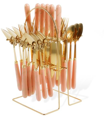 Juego de cubiertos de acero inoxidable de 24 piezas con soporte para colgar, servicio para 6 utensilios, juego de vajilla pulida con espejo, tenedores, cuchillos y cucharas para cocina en casa (rosa)