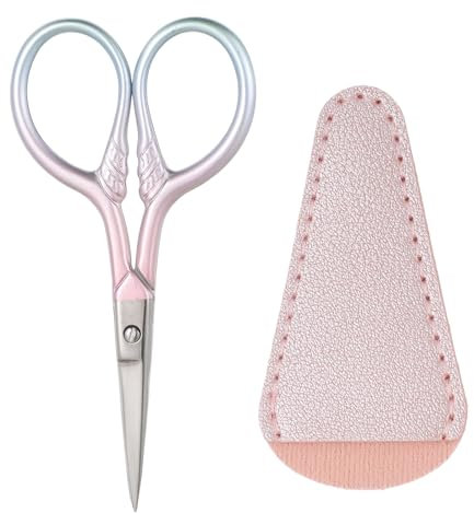 Teaaha Kleine rosa Schere, Edelstahl Schere mit PU-Lederscheide, 9 x 4,4 cm, Farbverlauf Rosa, Stickschere für Nähen, Sticken, Basteln, Trimmen von Bärten, Haaren und Augenbrauen