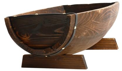 Happyyami Jardinera de Madera Resistente para Interior y Exterior, Maceta de Medio Barril Mediana 37x23,5x12,5 Cm, Macetero Rústico para Decoración de Jardín y Patio, Soporte para Plantas
