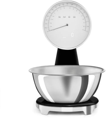 Smeg, Digitale und Analoge Küchenwaage KSF01BLWW, Abnehmbare 1,8-l-Edelstahlschüssel, vier Maßeinheiten g/ml und lb.oz/fl.oz, mit Tara-Funktion, Maximale Kapazität 5 kg, Schwarz