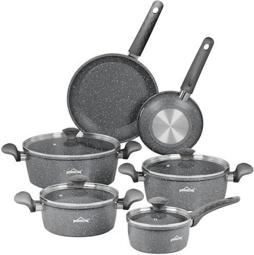 HOMELUX 10 Teiliges Topfset Induktions, Töpfe & Pfannenset mit Marmor-Antihaft-Beschichtung& Deckel, Pfannen 20/28cm, 20/24/28cm Auflauf, 16cm Soβenpfanne, Gesundes Kochgeschirr Für alle Herdarten