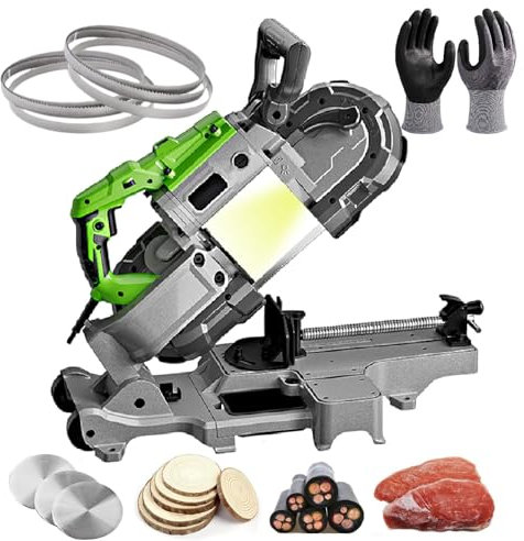 Sega A Nastro Portatile da 1100 W, Sega A Nastro per Metallo,Base Rimovibile/Taglio Angolare da 0 A 45°, con Lama per Sega di 3 Dimensioni (6 Pezzi) E 1 Guanto, per Metallo, Legno,Withbase