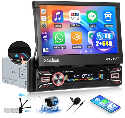 OiLiehu 2G+64G Android 13 Autoradio 1 Din con Wireless CarPlay Android Auto Autoradio Motorizzata 7 con Schermo GPS WiFi Bluetooth Mirror Link FM RDS SWC USB/Type-C EQ Telecamera Posteriore