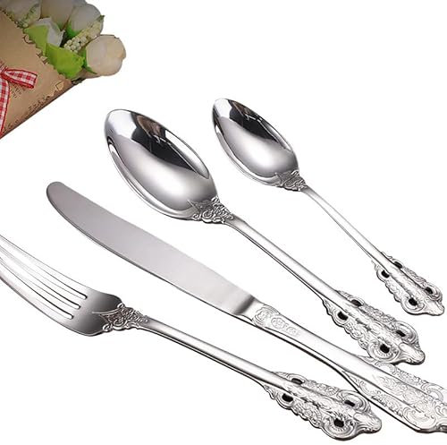 Juego de Cubiertos de Plata de Ley 925, 4/16/24/32/40/48 Piezas, Palace Tableware 304, con Cuchillos, Tenedores y cucharas en Relieve, Plateado (10 Unidades, 40 Unidades)