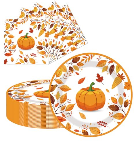 Lot de 20 assiettes et serviettes de table en carton - 23 cm - 20 serviettes et 20 serviettes en papier - Pour mariage, jardin, fête - Automne