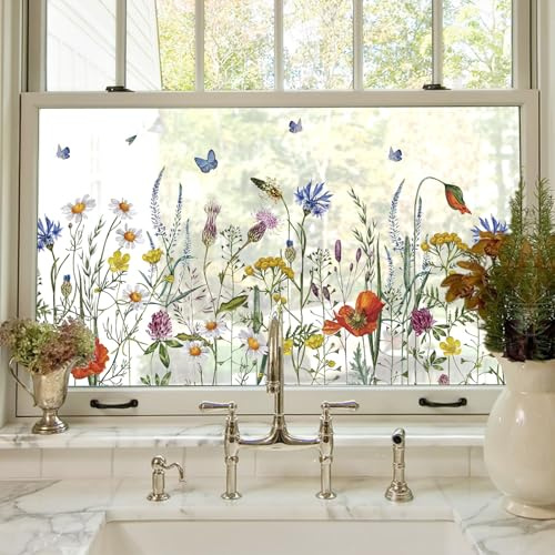 ADD.HERES Stained Glass Window Film Window Sticker,butterflygarden 44X200CM | Decorative Summer Window Clings UV Blocking Static Cling No Glue Rental Friendly for Home Kitchen Office