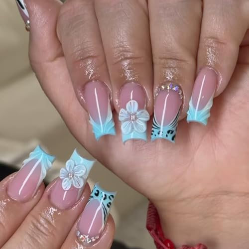 MouyouGlow Press on Nails Lang,Square Blau Water Rib French 3D Blumen Floral Strass Design Y2K Fake Nails mit Nagelkleber,Blue Leopard Tips Flowers Crystal Sommer INS Long Künstliche Fingernägel