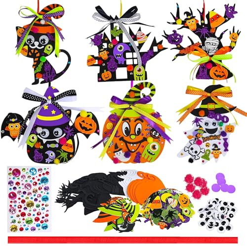SUPJADE 12Stück Basteln Halloween Bastelset für Kinder DIY Kränze Set Halloween Deko Geister Fledermäuse Kürbis Dekorationen Bastelset für Parties Heimdekoration