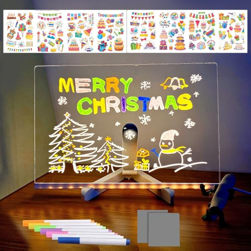 XUXLEKK Tableau Acrylique Lumineuse Message LED, 30 x 20 CM Tablette Lumineuse Dessin Enfant, Tableau Magique Acrylique Effaçable avec 7 Couleurs Stylo & Support Réglable & Autocollants d'Anniversaire