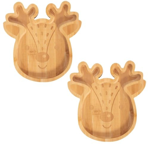 YöL Pack of 2 Kids Bamboo Christmas Dinner Plate - Festive Reindeer Wooden Serving Tray for Children Baby Toddler - Eco-Friendly Dinnerware - 19.5cm x 20cm