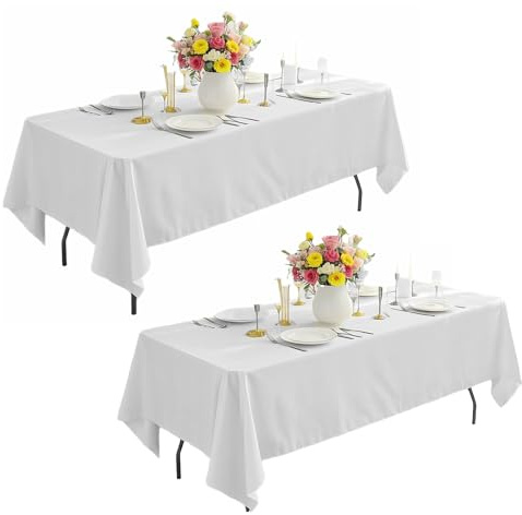 2er Set Tischdecke Abwaschbar 140×240cm Weiß, Rechteckige Polyester Tischdecke Wiederverwendbar, Elegantes Tischtuch Für Esszimmer, Hochzeit, Party Und Outdoor