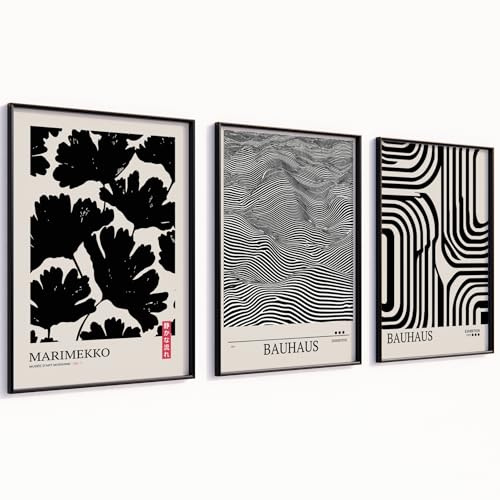 MJ-GRAPHICS® Bauhaus Poster Set Beige Schwarz Weiß Kunstdrucke Wandbilder mit Rahmen Poster Set A4 Bilder für Wohnzimmer Deko Schlafzimmer Moderne Kunst Schlafzimmer Schwarzer Rahmen
