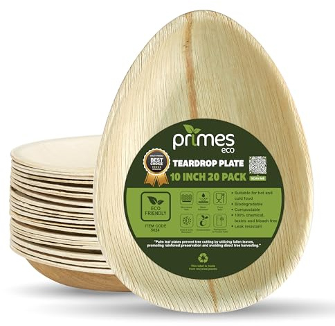 PRIMES ECO Piatti in foglia di palma – Confezione da 20 piatti usa e getta da 25 cm, a goccia, ovali, effetto legno, adatti per microonde e freezer, piatti per antipasti, tartine, dessert