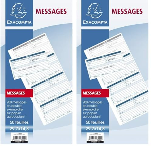 Exacompta - Réf. 13290E - 1 carnet broché messages téléphones (4 à la page) - brochure de 200 messages détachables pré-imprimés et autocopiants - 50 feuilles dupli - format 297 x 148 mm - certifié FSC