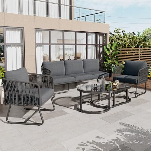 ZIDEY Gartenlounge 5er-Set mit verzinktem Eisen Rahmen, Gartenmöbel-Set mit verstellbare Füße, Glas Tischplatte, Sitzgruppe, Gartensofa inklusive Sitz- und Rückenkissen, Grau