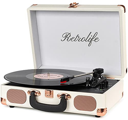 Retrolife Vinyl Record Player 3-Speed Bluetooth Suitcase Turntable | Belt Driven Vinyl Player, Built-in Speakers, Wireless Input, RCA Line Out, AUX In, Headphone Jack, 33/45/78 RMP, Vintage