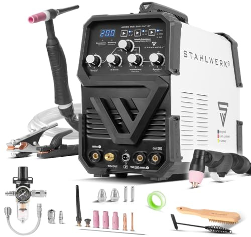 STAHLWERK Schutzgasschweißgerät 3-in-1 Kombi AC/DC WIG 200 CUT ST bis 200 A | WIG & MMA, Plasmaschneiden bis 45 A und bis 12 mm Schnittstärke, HF-Zündung, Edelstahl, Kupfer, Aluminium, Titan