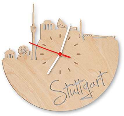 Skyline Stuttgart Wanduhr aus Birken-Holz Made in Germany | Design Uhr aus Echtholz | Wand-Deko aus Birke | Originelle Wand-Uhr | Moderne Wand-Uhr im Skyline Design | Wand-Dekoration aus Natur-Holz