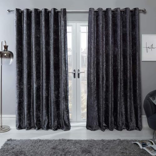 Sienna Crushed Velvet Curtain Eyelet Ring Top Pair of Fully Lined Curtains, Soft Luxury Charcoal Grey Thermal Insulated Curtains Window Treatment 2 Panel, 66 x 90