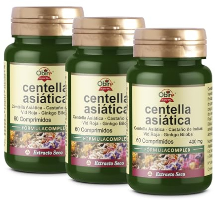 Obire | Centella Asiática Complex | Pack 3 Unidades | 60 Cápsulas | 400 mg | con Castaño de Indias, Vid Roja y Ginkgo Biloba | Favorece la Circulación y la Retención de Líquidos | Extracto Seco