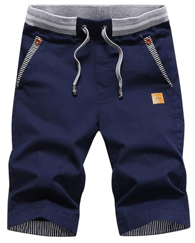 JustSun Mens Summers Cotton Casual Shorts with Elastic Waist and Pockets Navy Blue Large