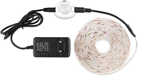 FOLGEMIR 4 metro Luce notturna a LED - Bianco Freddo, strisce LED con sensore di movimento PIR, set completo con trasformatore DC 12V, IP65 impermeabile per letti bambini, mobili da corridoio, cucina