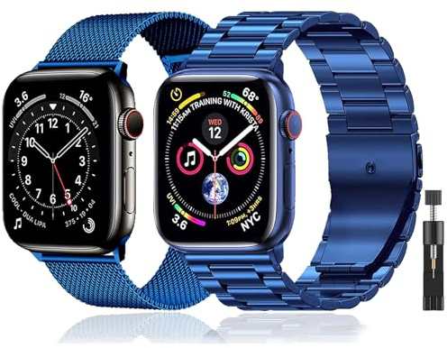 baklon Pack 2 Metal Strap Compatible with Apple Watch Strap 42/44/45/46/49mm, Stainless Steel Replacement Wristband Compatible with iWatch Series Ultra SE 3 2 1 Series 11 10 9 8 7 6 5 4,Blue