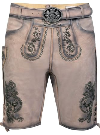 Edelnice Trachtenmode Bayerische Traditionelle Kurze Lederhose Felix aus Ziegenleder mit aufgerauter Stickerei inkl. Gürtel Gr. 52