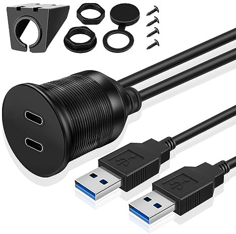 TNP USB C 3.0 Flush Mount Cable, Dual USB Extension Cable 3ft 1M for Car Dashboard with Dash Panel Mount, 2 Port Type A Male to C Female Socket Connector Adapter Cord for Boat Motorcycle Vehicle