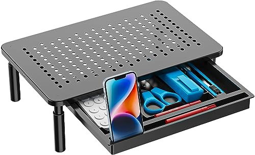 WALI Support de Moniteur avec Tiroir, Rehausseur Ecran PC Bureau d'ordinateur avec rangement, 3 Hauteur Réglable (STT003D-B), Noir