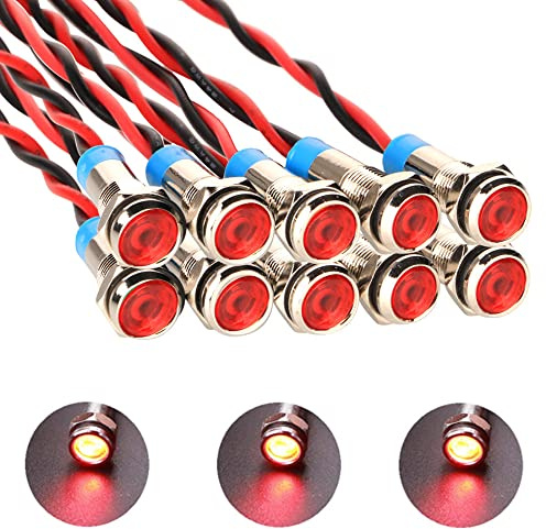 Gebildet 10pcs 6mm 1/4 LED Metal Indicator Light AC/DC 12-24V Waterproof Signal Lamp Pilot Dash Directional with Wire(Red)