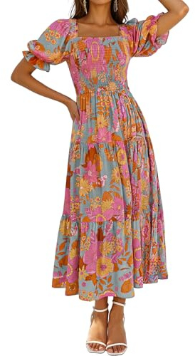 ZESICA Women's 2024 Summer Boho Floral Print Square Neck Ruffle Swing Beach Long Maxi Dress, Greygreen, L