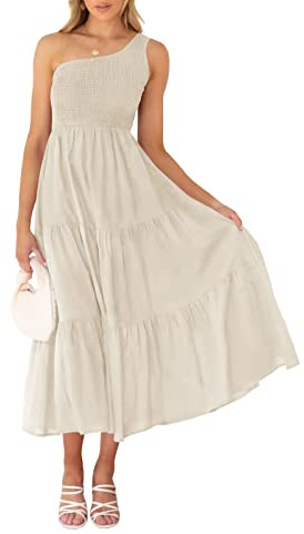 ZESICA - Vestido Largo de Verano para Mujer de 2025, Estilo Bohemio, con Estampado Floral, un Hombro al Descubierto, sin Mangas, Fruncido, con Volantes, Escalonado, para la Playa, Beige, M