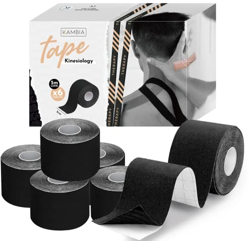 KAMBIA kinesiotape, pack rollos 5m x 5cm, cintas kinesiologicas, vendaje neuromuscular, kinesiotape vendaje neuromuscular, cintas kinesiologicas (6 Negros)