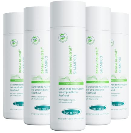 benevi Shampoo 5 x 200ml für empfindliche, trockene, juckende, gereizte Kopfhaut und Haare. Besonders mild. Auch bei zu Neurodermitis oder Schuppenflechte neigender Kopfhaut geeignet.
