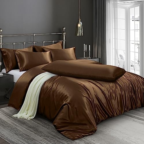Ersmak 6 Pieces Satin Duvet Cover Full/Queen Size Luxury Silky Bedding Duvet Cover Set with 1 Soft Duvet Cover, 4 Queen Pillowcases and 1 Body Pillowcase, Brown