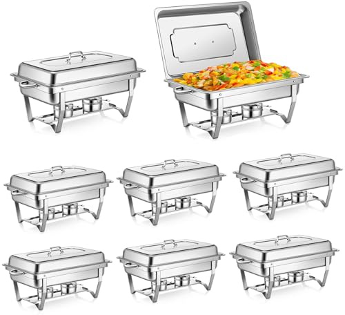 PRIJESSE Chafing Dish, Buffet Serving Utensils, Rectangle Stainless Steel Food Warmer Kit with Lids Food Pans Bain Maries and Fuel Holders for Restaurant Catering Parties Weddings (8 Pack)